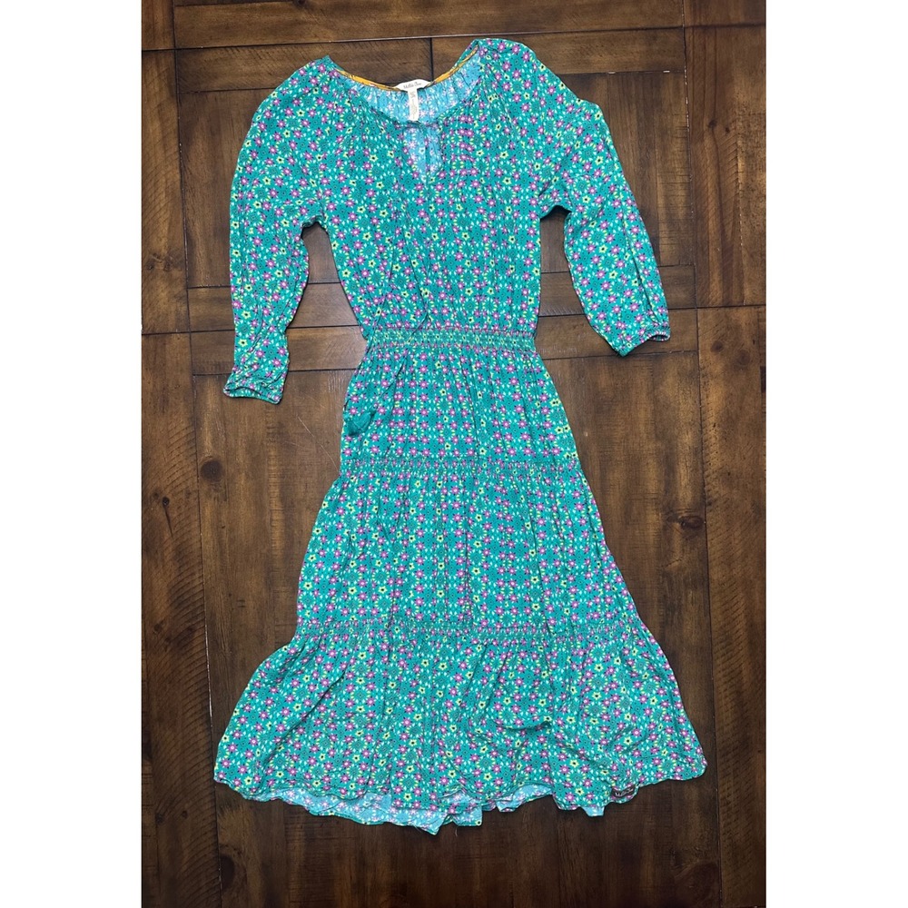 Matilda Jane Teal Floral Tiered Midi Dress XS Smocked Waist Boho Tassel Tie